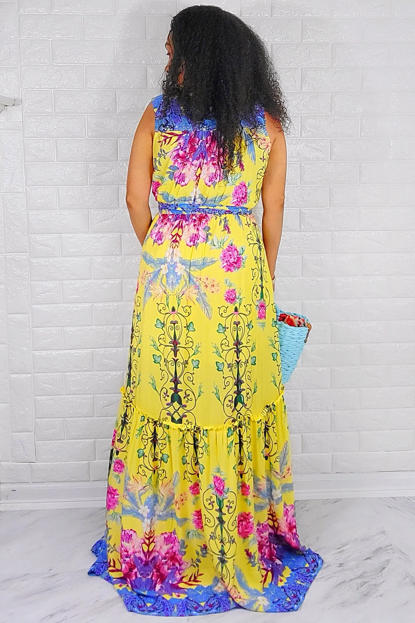 05132022 Yellow Rayon Boil Border V Neck Maxi Dress
