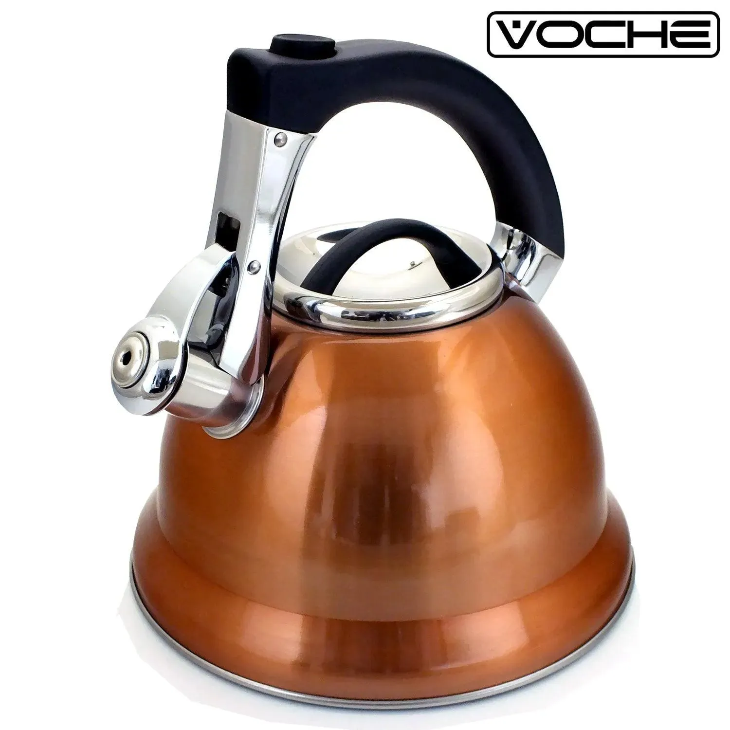 3ltr Copper Whistling Kettle Stovetop Stainless Steel Gas Electric Hobs Voche®