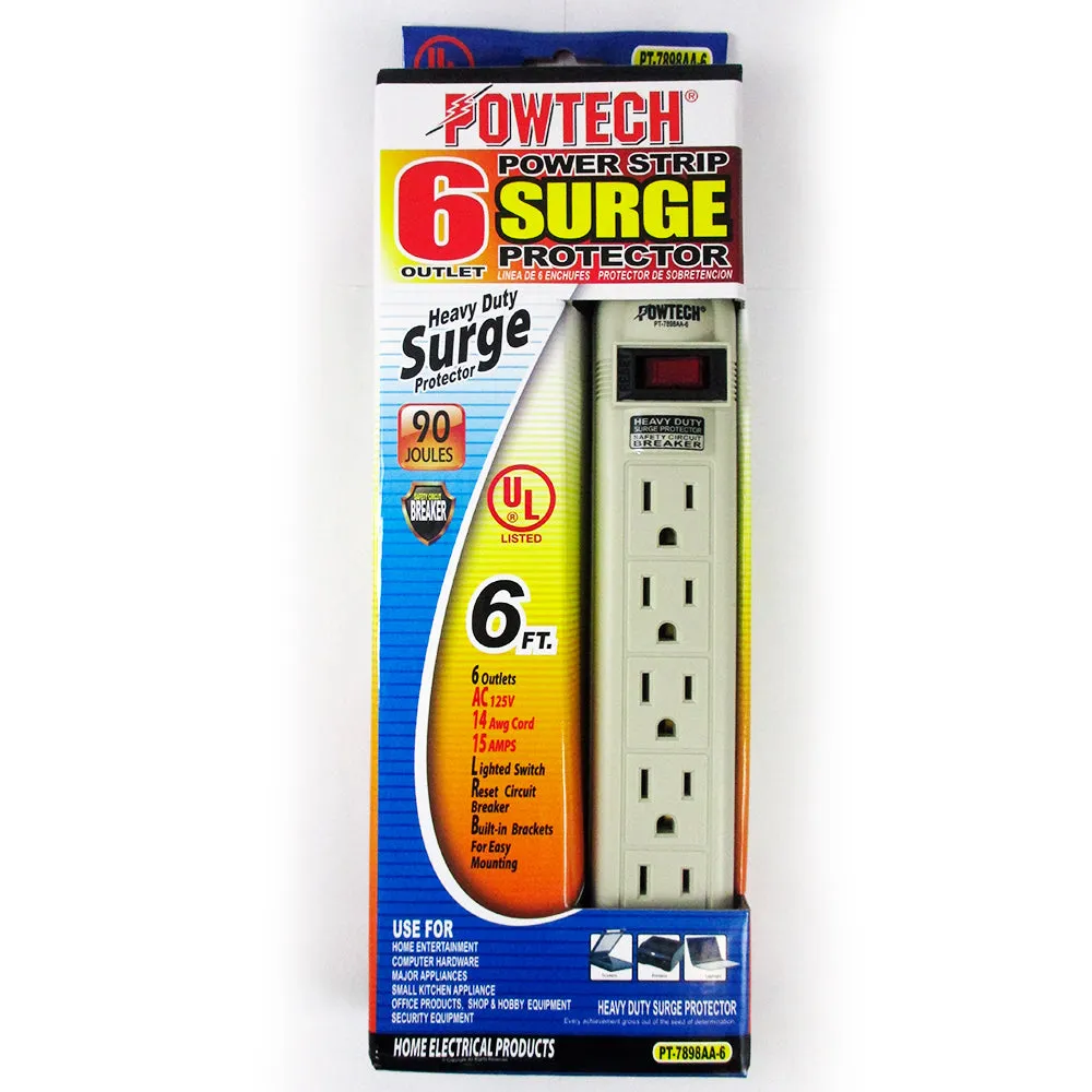6 Outlet Power Strip 6ft Heavy Duty Cord Switch UL Breaker Surge 90 Joules New