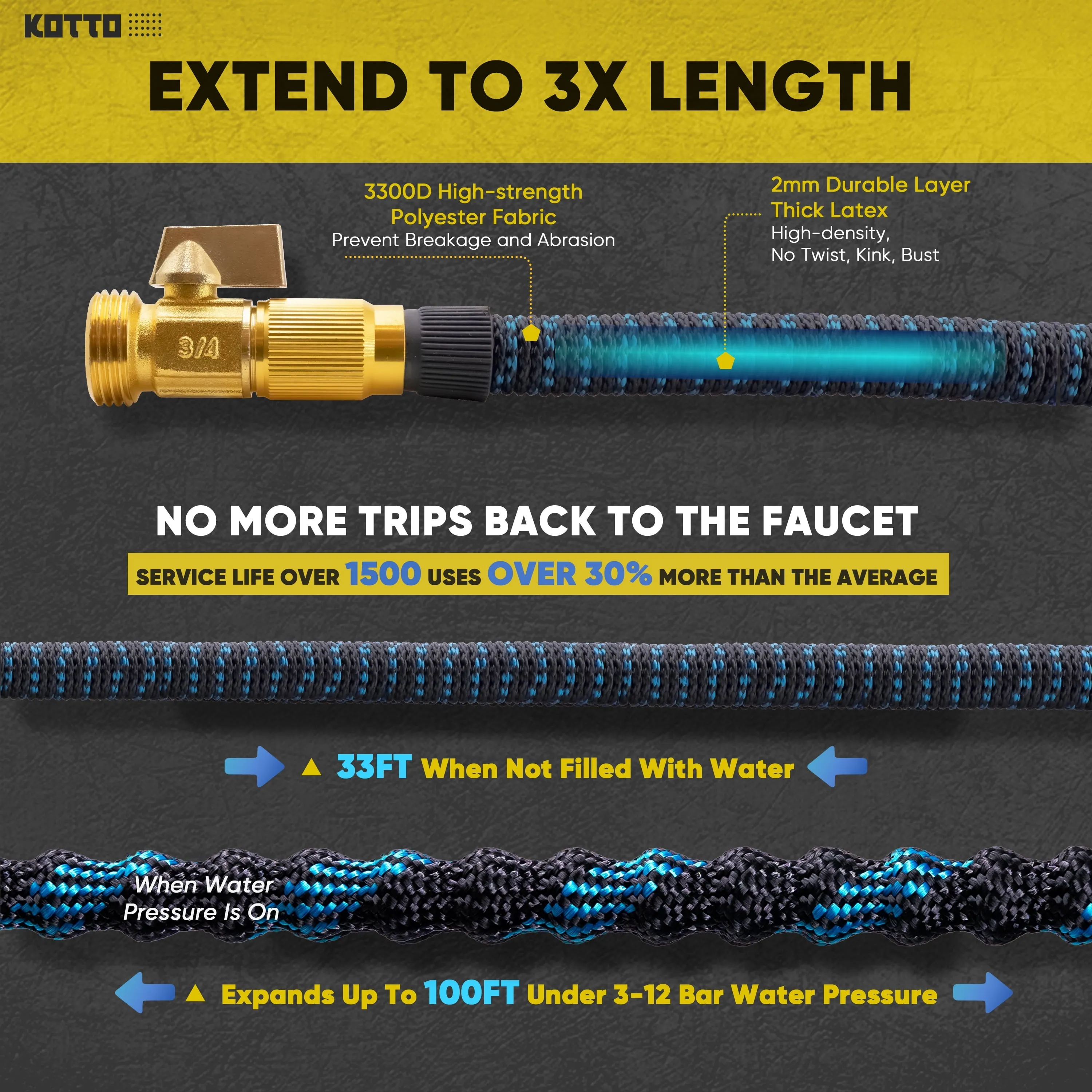 Kotto Expandable Garden Hose, Water Hose for Outside with 10 Spray Nozzles, Leak-Proof, Blue, 100 ft