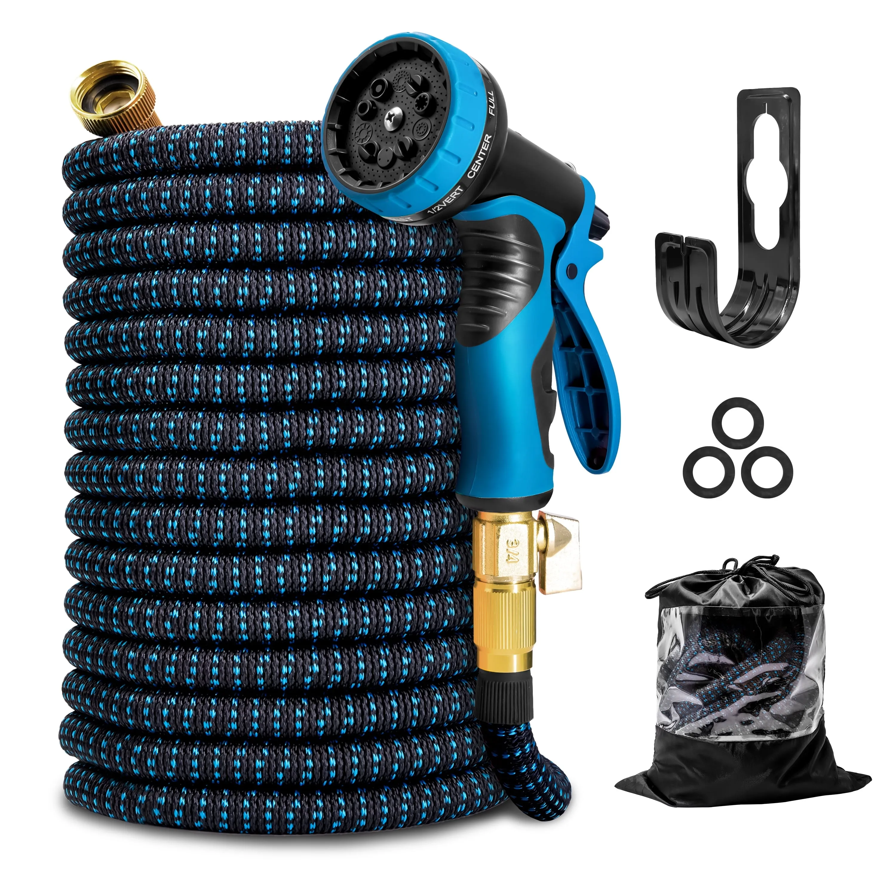 Kotto Expandable Garden Hose, Water Hose for Outside with 10 Spray Nozzles, Leak-Proof, Blue, 100 ft