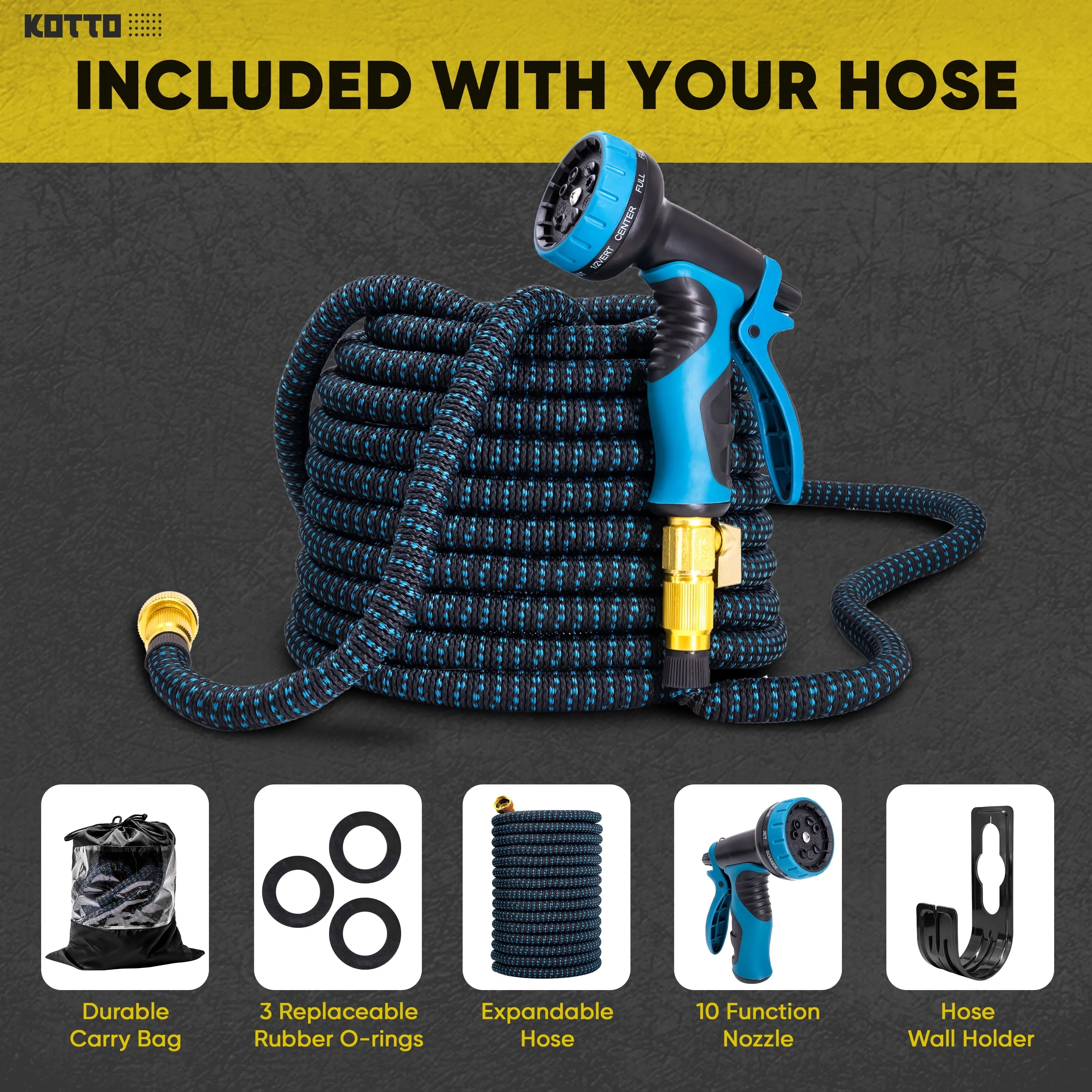 Kotto Expandable Garden Hose, Water Hose for Outside with 10 Spray Nozzles, Leak-Proof, Blue, 100 ft