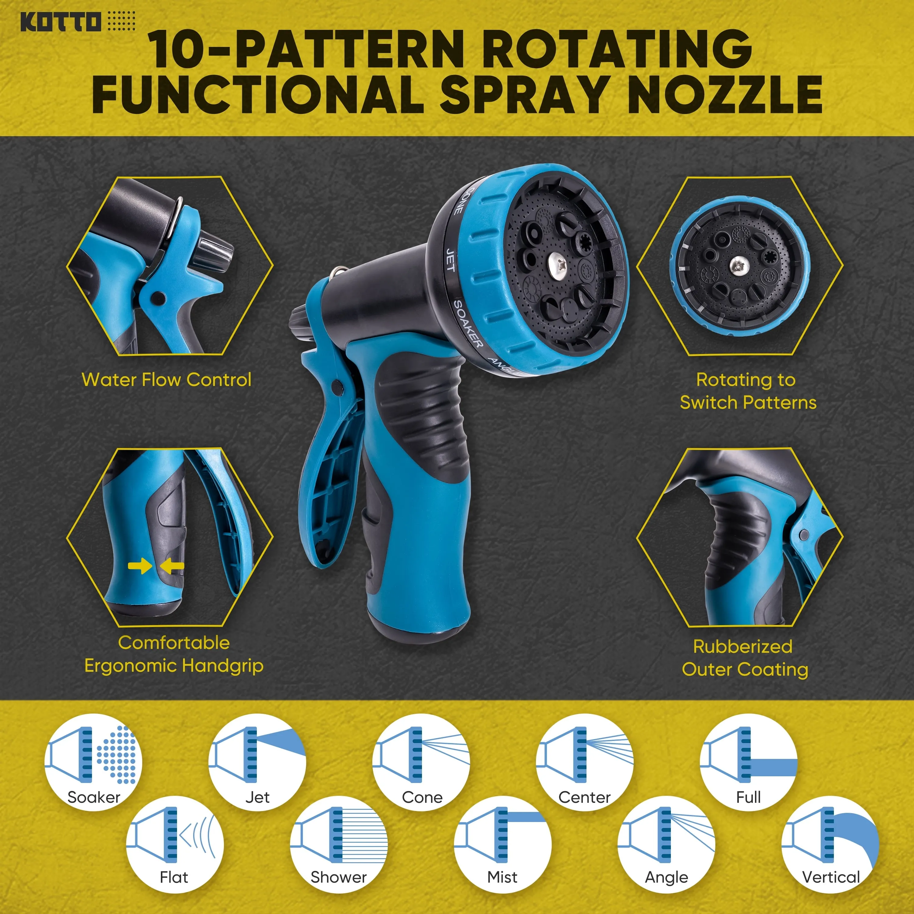 Kotto Expandable Garden Hose, Water Hose for Outside with 10 Spray Nozzles, Leak-Proof, Blue, 100 ft