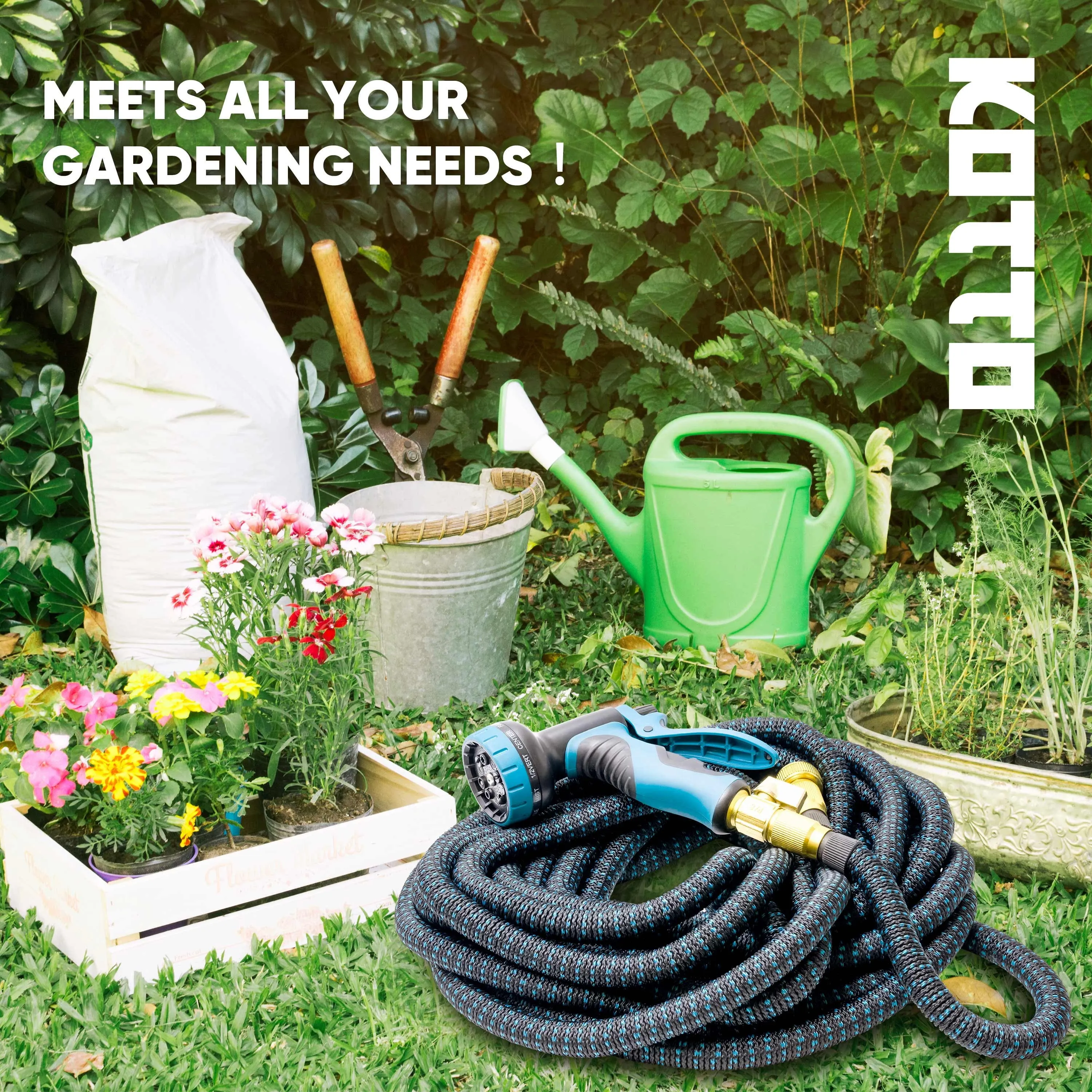 Kotto Expandable Garden Hose, Water Hose for Outside with 10 Spray Nozzles, Leak-Proof, Blue, 100 ft