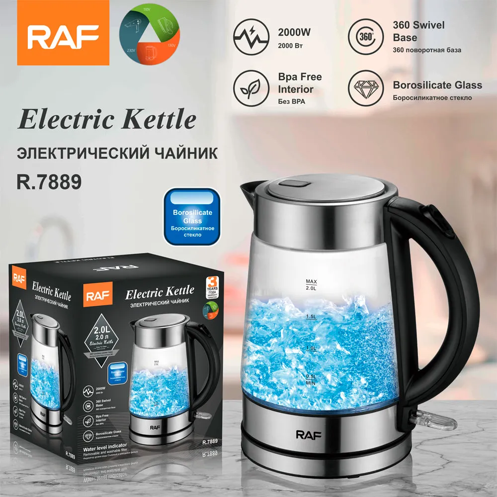RAF Electric Kettle | 2L Capacity | 2000W | 360° Swivel Base  | Borosilicate Glass | Bpa Free interior
