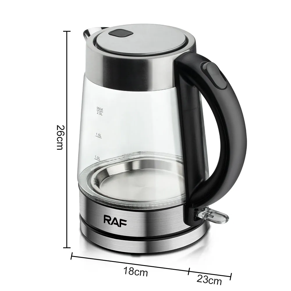 RAF Electric Kettle | 2L Capacity | 2000W | 360° Swivel Base  | Borosilicate Glass | Bpa Free interior