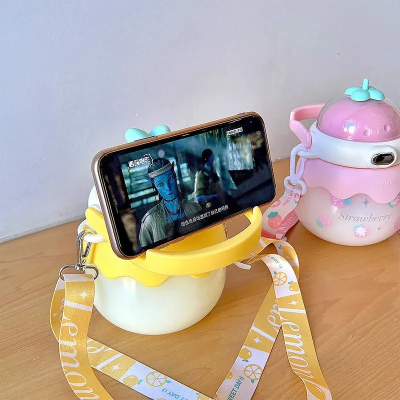 SINOTAO  -  1L Straw Drink Cup Cute Fruit Cartoon Kettle Travel Portable Plastic Tumbler Kawaii Kids Summer Mug Sport Water Bottle For Girls