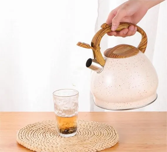 Stainless Steel One Touch Button Whistle Teapot with Anti Scalding Handle-Beige
