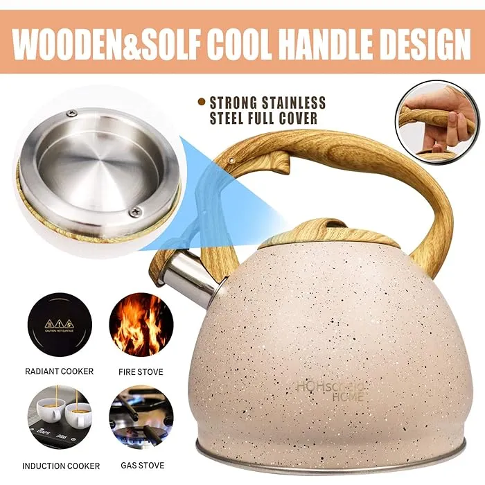 Stainless Steel One Touch Button Whistle Teapot with Anti Scalding Handle-Beige