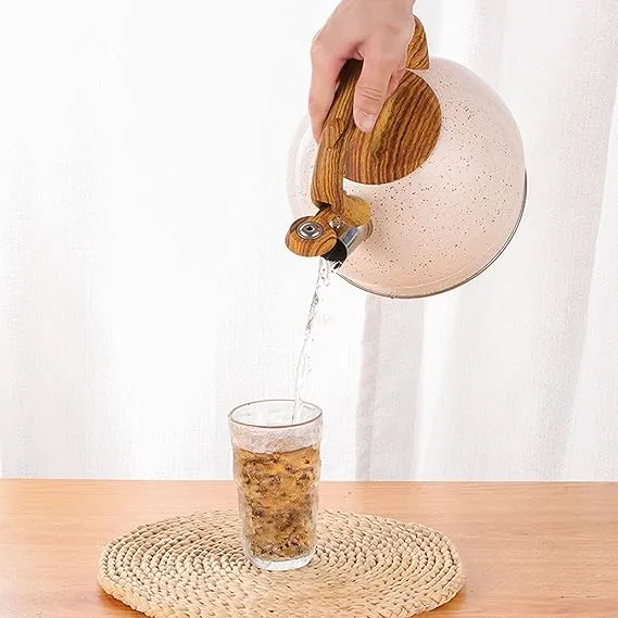Stainless Steel One Touch Button Whistle Teapot with Anti Scalding Handle-Beige