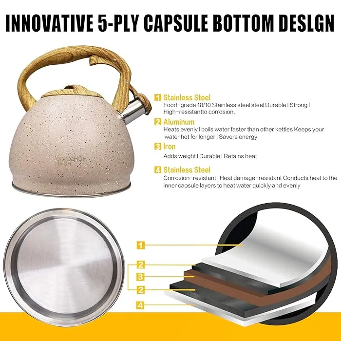 Stainless Steel One Touch Button Whistle Teapot with Anti Scalding Handle-Beige