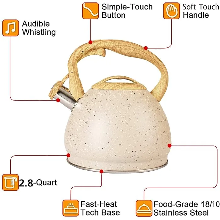 Stainless Steel One Touch Button Whistle Teapot with Anti Scalding Handle-Beige
