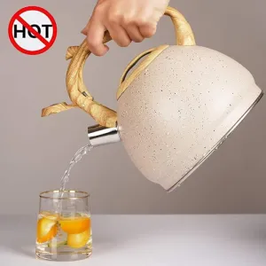 Stainless Steel One Touch Button Whistle Teapot with Anti Scalding Handle-Beige