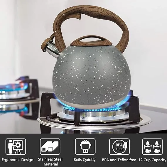Stainless Steel One Touch Button Whistle Teapot with Anti Scalding Handle-Grey Texture