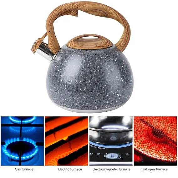 Stainless Steel One Touch Button Whistle Teapot with Anti Scalding Handle-Grey Texture