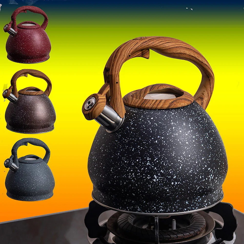 Stainless Steel One Touch Button Whistle Teapot with Anti Scalding Handle-Grey Texture