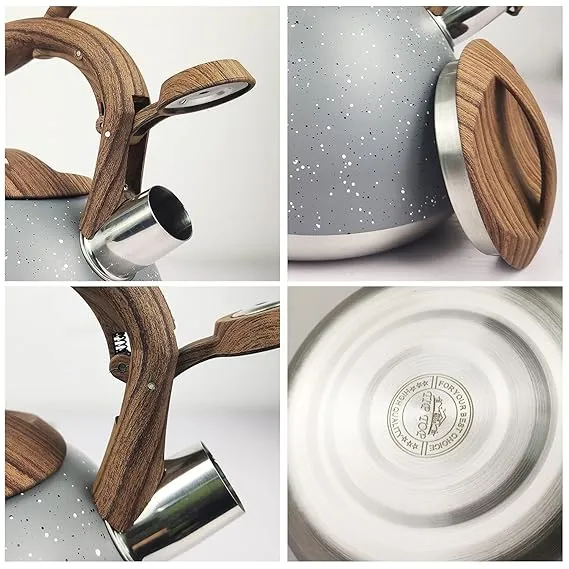 Stainless Steel One Touch Button Whistle Teapot with Anti Scalding Handle-Grey Texture