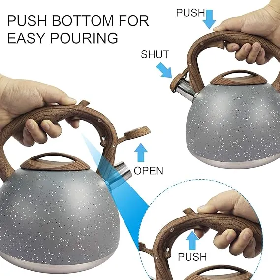 Stainless Steel One Touch Button Whistle Teapot with Anti Scalding Handle-Grey Texture