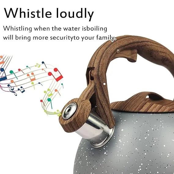 Stainless Steel One Touch Button Whistle Teapot with Anti Scalding Handle-Grey Texture